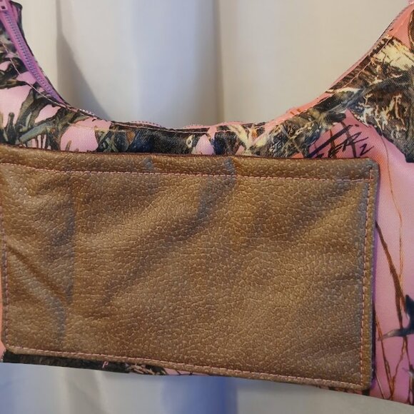 New Vinyl Camo Top handle Shoulder Bag Purse Hot Pink Brown Crescent Baguette - Picture 9 of 10
